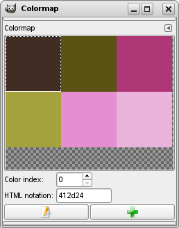 Indexovaný obrázok so 6 farbami a jeho dialóg Mapa farieb (Colormap)