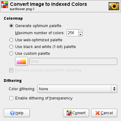 Dialóg Convert Image to Indexed Colors (Konvertovať obrázok do indexovaných farieb)