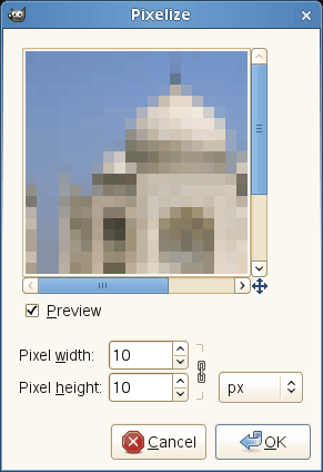 Voľby pre filter Pixelize (Pixelizovať)