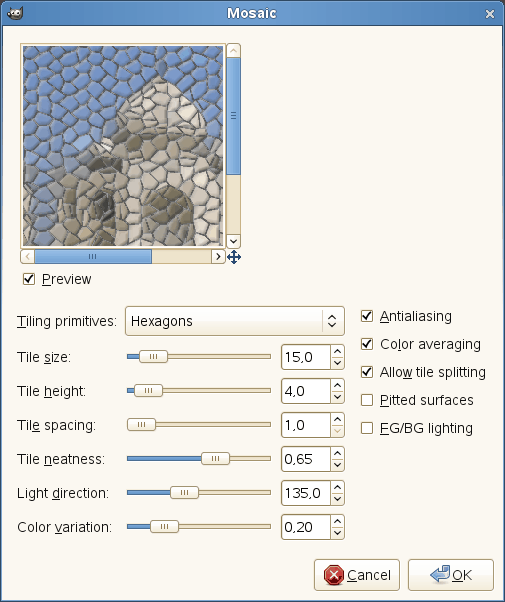 Voľby pre filter Mosaic (Mozaika)