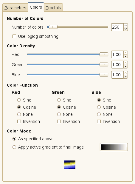 Voľby filtra Fractal Explorer (Prieskumník fraktálov) (Colors - Farby)