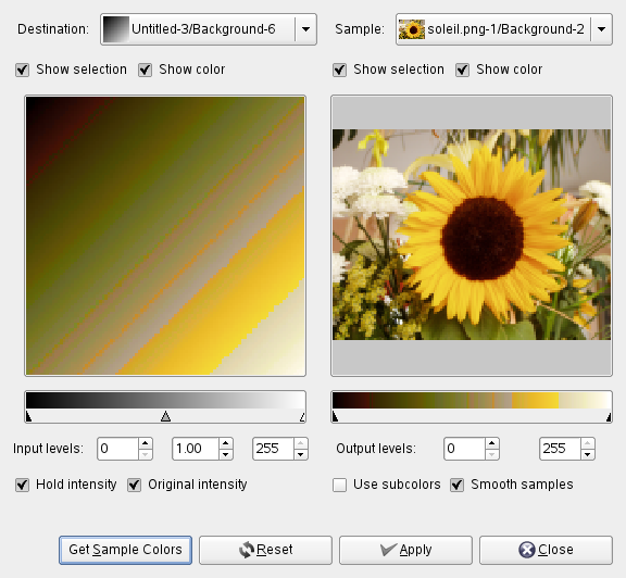 Voľby pre filter Sample Colorize (Vzor vyfarbenia)