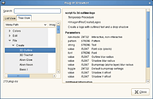 Zobrazenie zásuvných modulov v stromovej štruktúre v okne Plug-In Browser (Prehliadač zásuvných modulov)