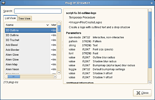 Zobrazenie vo forme zoznamu v dialógovom okne Plug-In Browser (Prehliadač zásuvných modulov)
