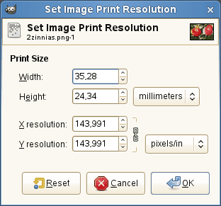 Dialóg Setting Print Size (Nastaviť rozlíšenie tlače obrázka)