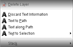 Príkaz Discard Text Information (Zahodiť textovú informáciu) medzi ostatnými príkazmi v ponuke Layer (Vrstvy)