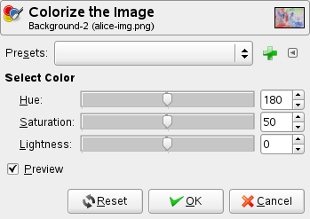Voľby pre nástroj Colorize (Ofarbiť)