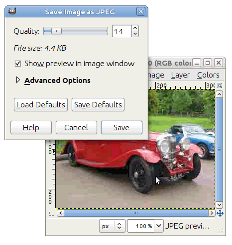 Dialóg Save as JPEG s veľmi zlou kvalitou obrázka.